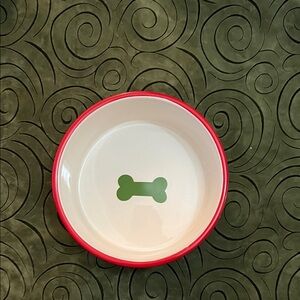 Red and White Dog Bowl with Green Bone Design